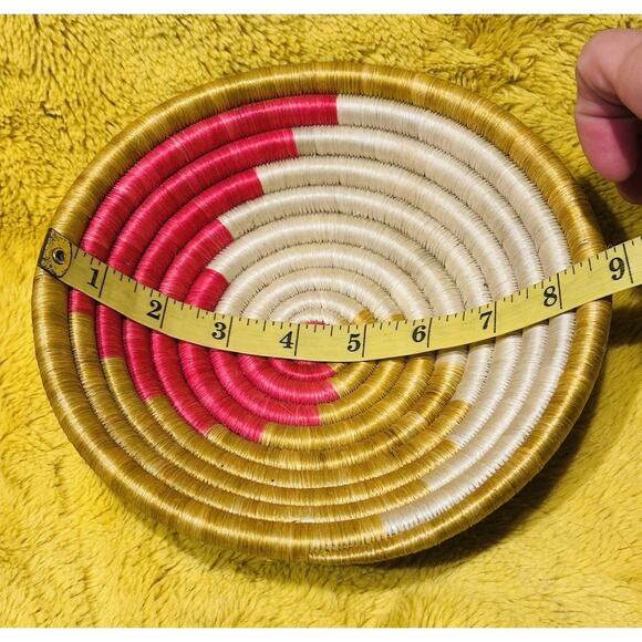 African Hand Woven Swirl Coil Wall Basket Natural Bowl 9” Pink Yellow Cream - Picture 7 of 7